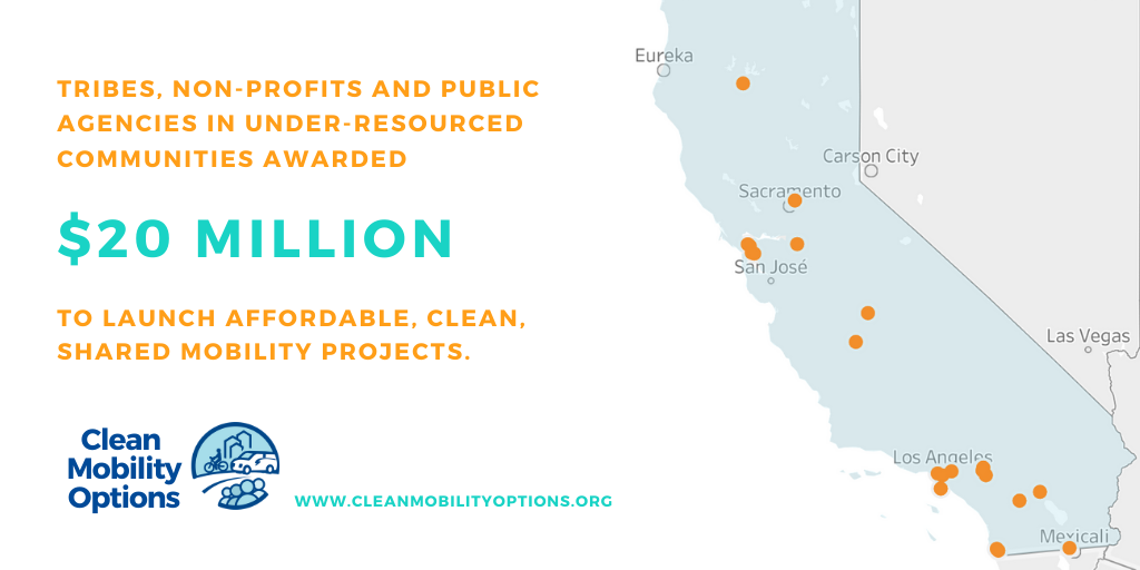 graphic with map of locations: Tribes, non-profits and public agencies in under-resources communities awarded $20 million to launch affordable clean, shared mobility projects