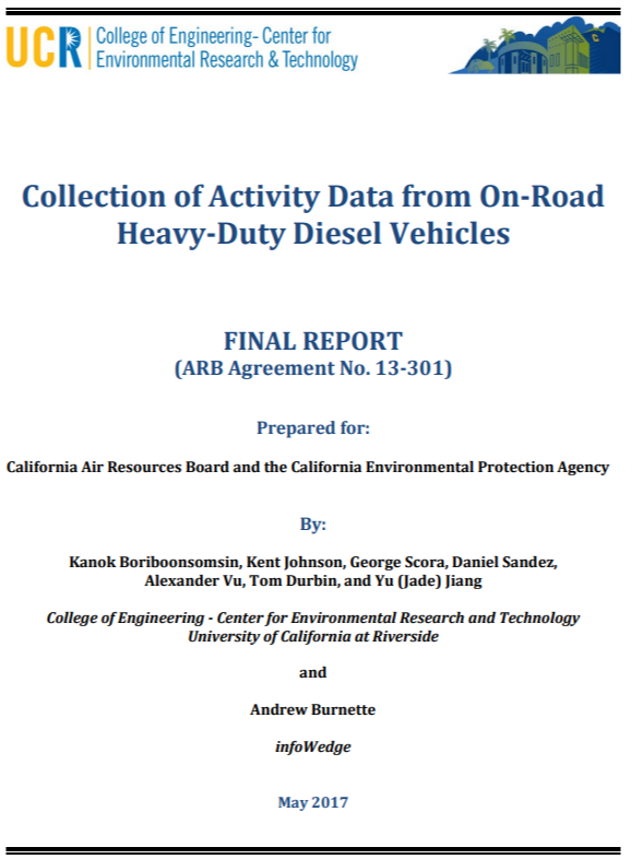 Image of the first page of the Final Report for contract 13-301, "Collection of Activity Data from On-Road Heavy-Duty Diesel Vehicles"