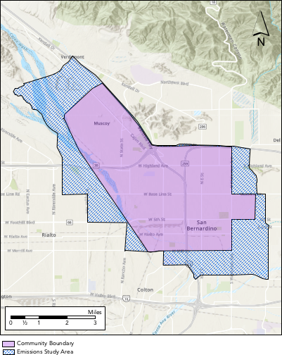 Image displaying San Bernardino, Muscoy's AB 617 community boundaries