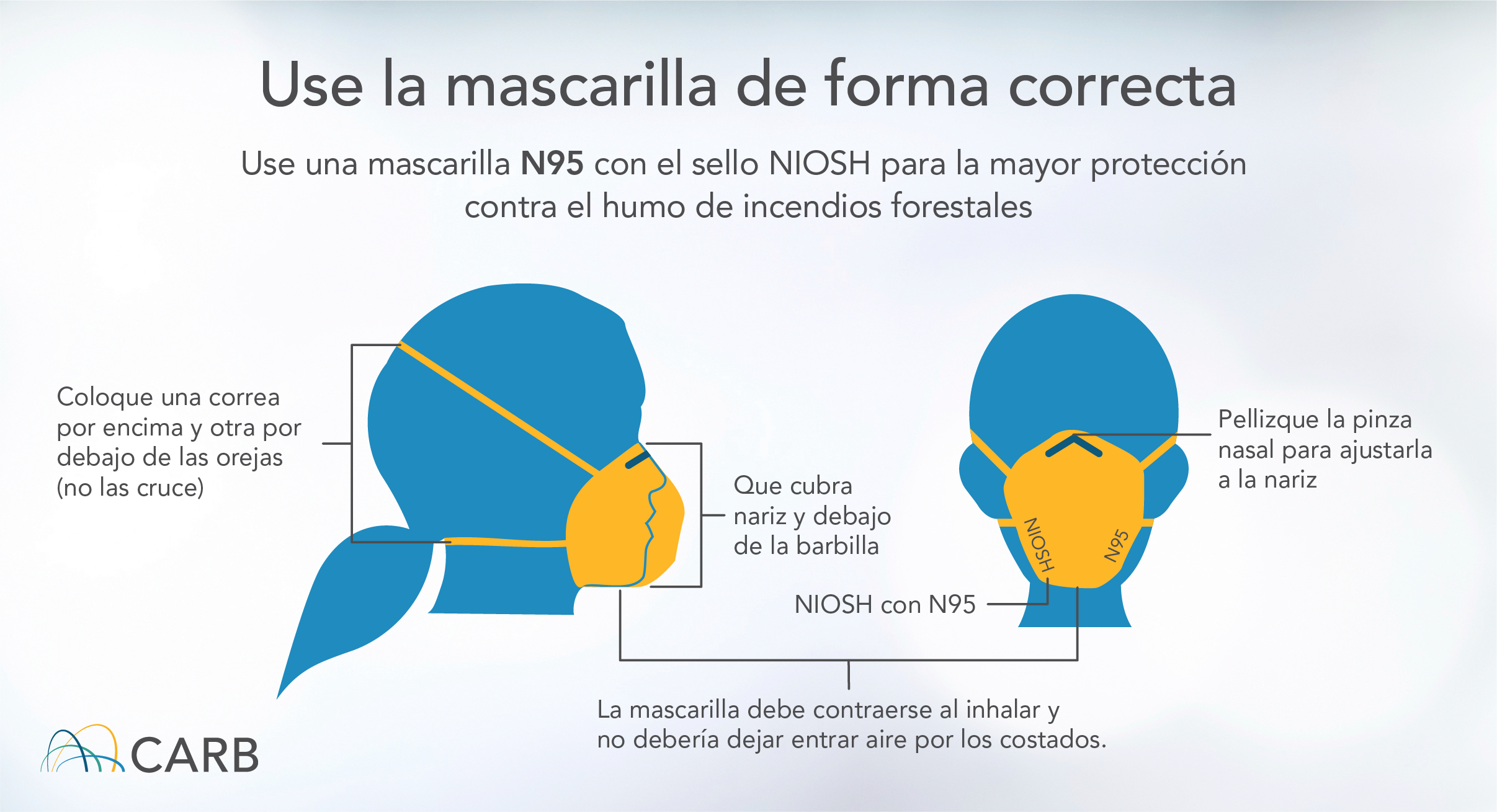 Use la mascarilla de forma correcta Use una mascarilla N95 con el sello NIOSH para la mayor protección contra el humo de incendios forestales Coloque una correa por encima y otra por debajo de las orejas (no las cruce) Pellizque la pinza nasal para ajustarla a la nariz Que cubra nariz y debajo de la barbilla NIOSH con N95 La mascarilla debe contraerse al inhalar y no debería dejar entrar aire por los costados. *La mascarilla no está diseñada para niños y el bello facial evita que se ajuste bien y reduce su efectividad.