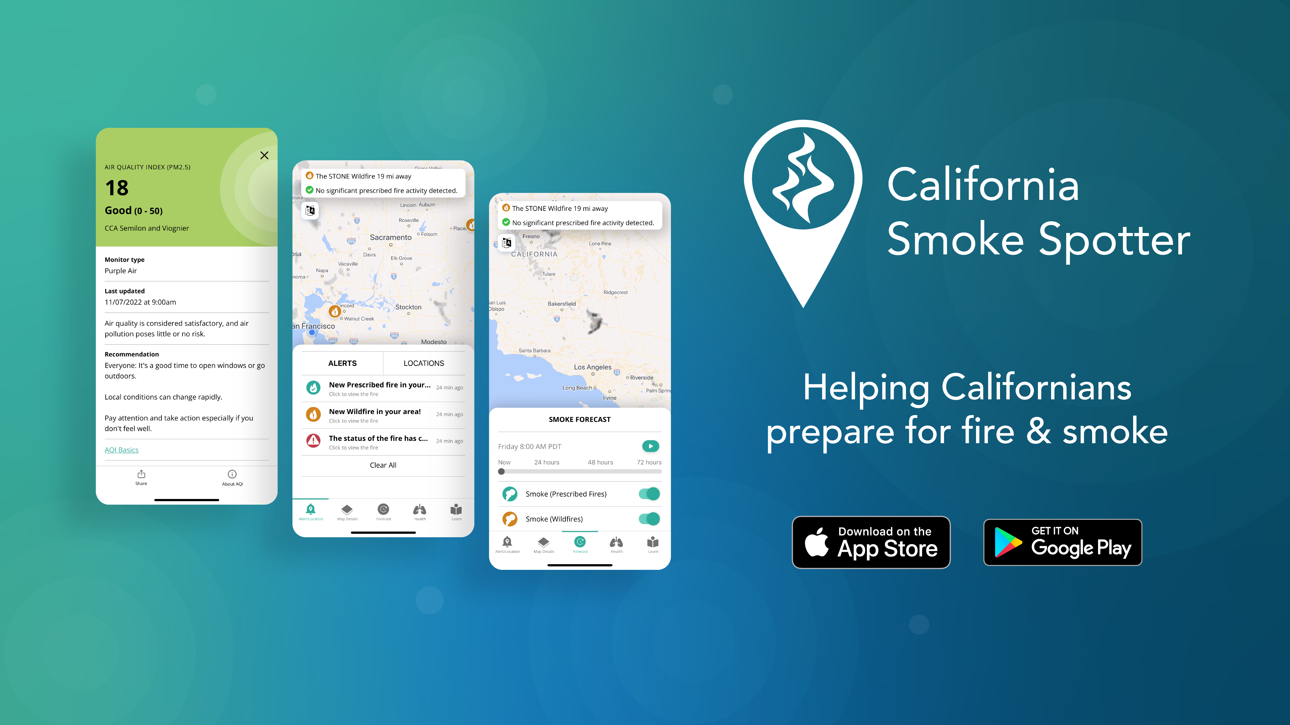 California Smoke Spotter logo: Helping Californians prepare for prescribed fire & smoke. Three screenshots of the app showing AQI screen, alert screen, and smoke forecast screen. Download on the App Store. Get it on Google Player. CARB logo.