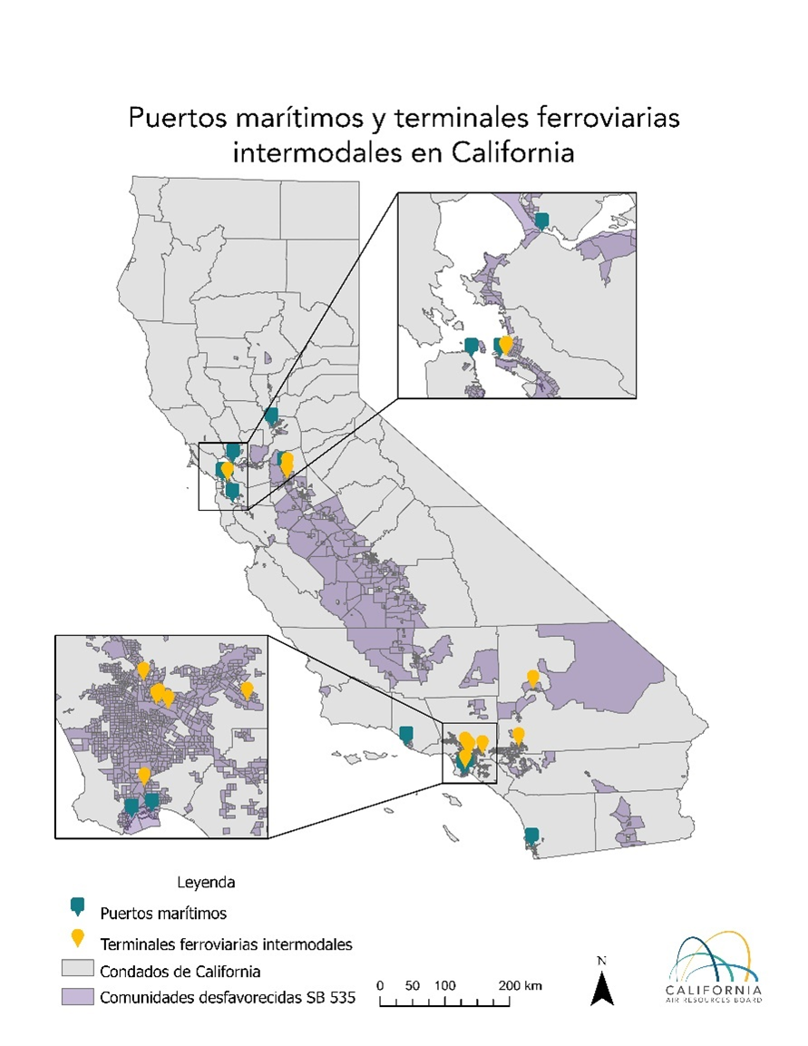 Diagrama, mapa de las comunidades desfavorecidas SB 535 y puertos marítimos de California y estaciones ferroviarias intermodales  Descripción generada automáticamente