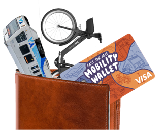East San Jose Mobility project flyer featuring mobility wallet, bike, and transit