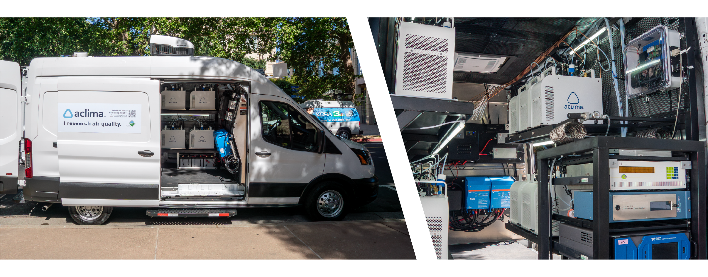A split image showing an Aclima mobile laboratory. The left side features the exterior of a white van labeled “Aclima. I research air quality.” with rooftop sensors. The side door is open, showing the interior of the van, equipped with specialized air monitoring instruments, wiring, and data collection equipment.