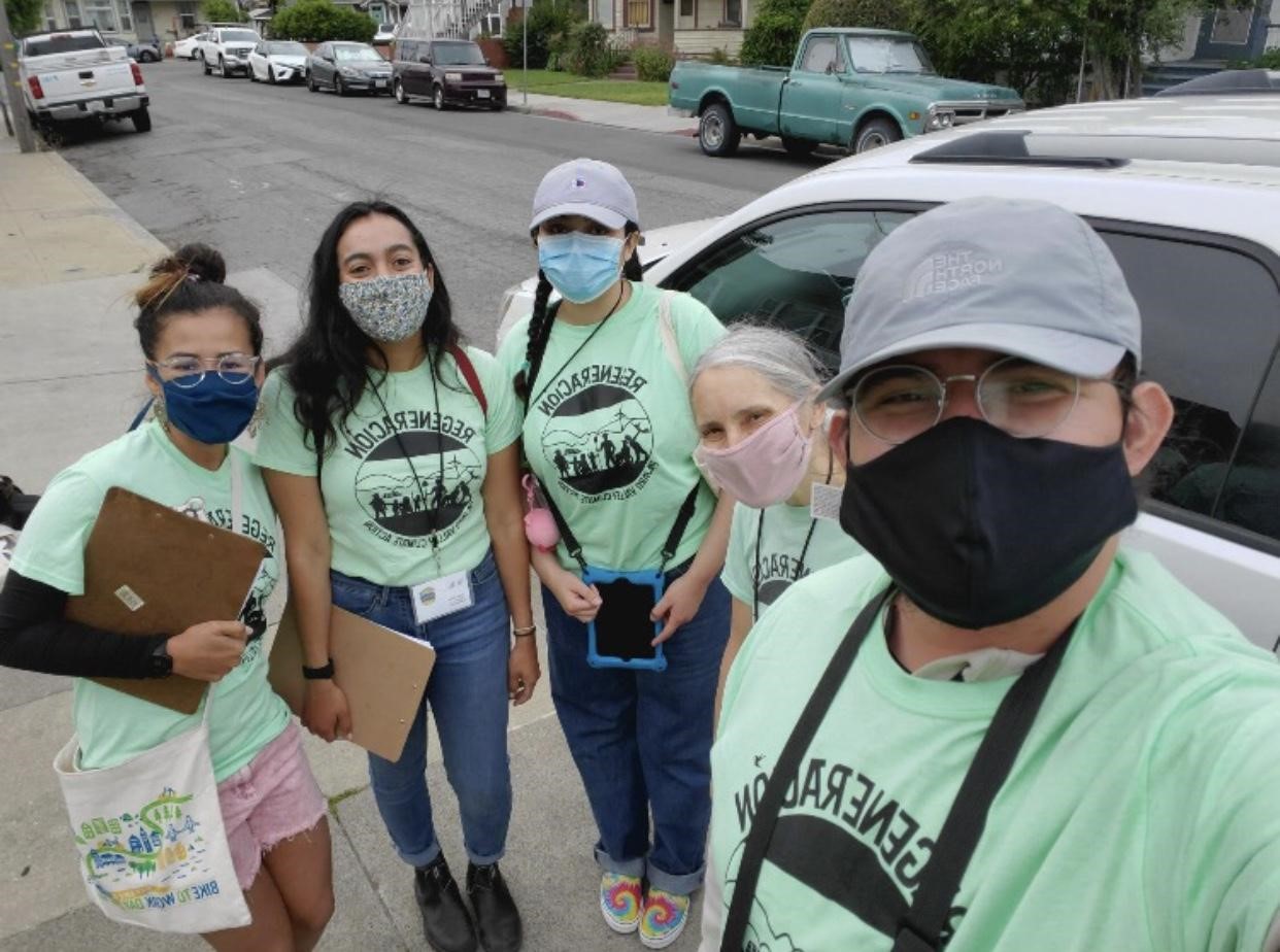 First day of surveying with Social Good Fund project Regeneration team. All 5 members pictured are wearing COVID masks, and green Regeneration t-shirts. 