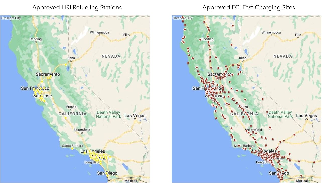 Maps of Approved HRI Refueling stations (left, yellow) and FCI Fast Charging Sites (right, red)