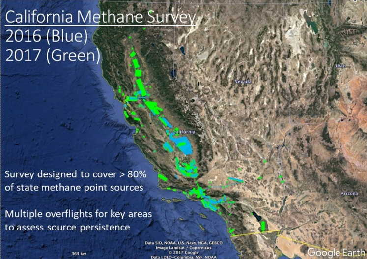 A map of areas surveyed during the California Methane Survey