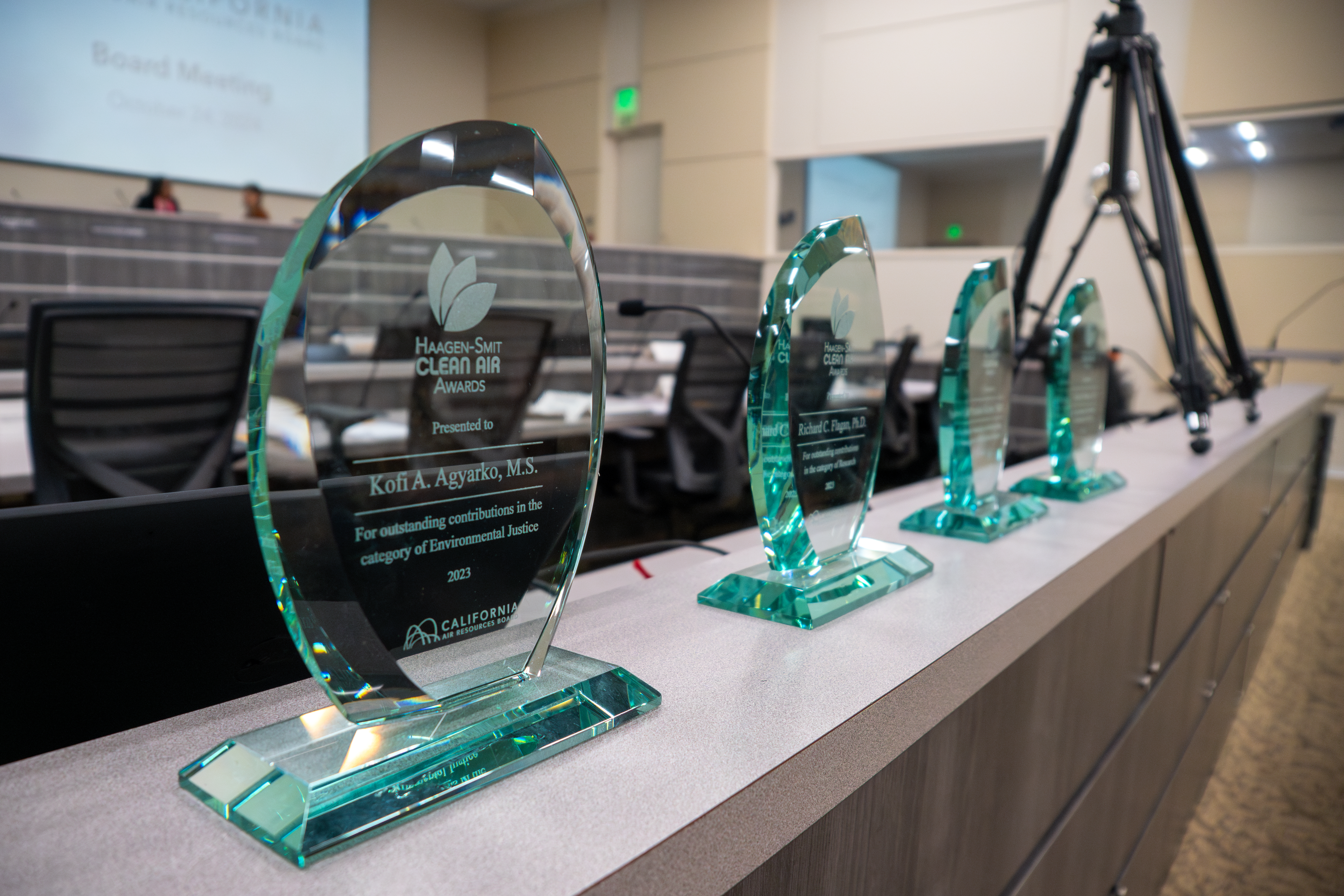Trophies for the 2023 Haagen-Smit Clean Air Awards.