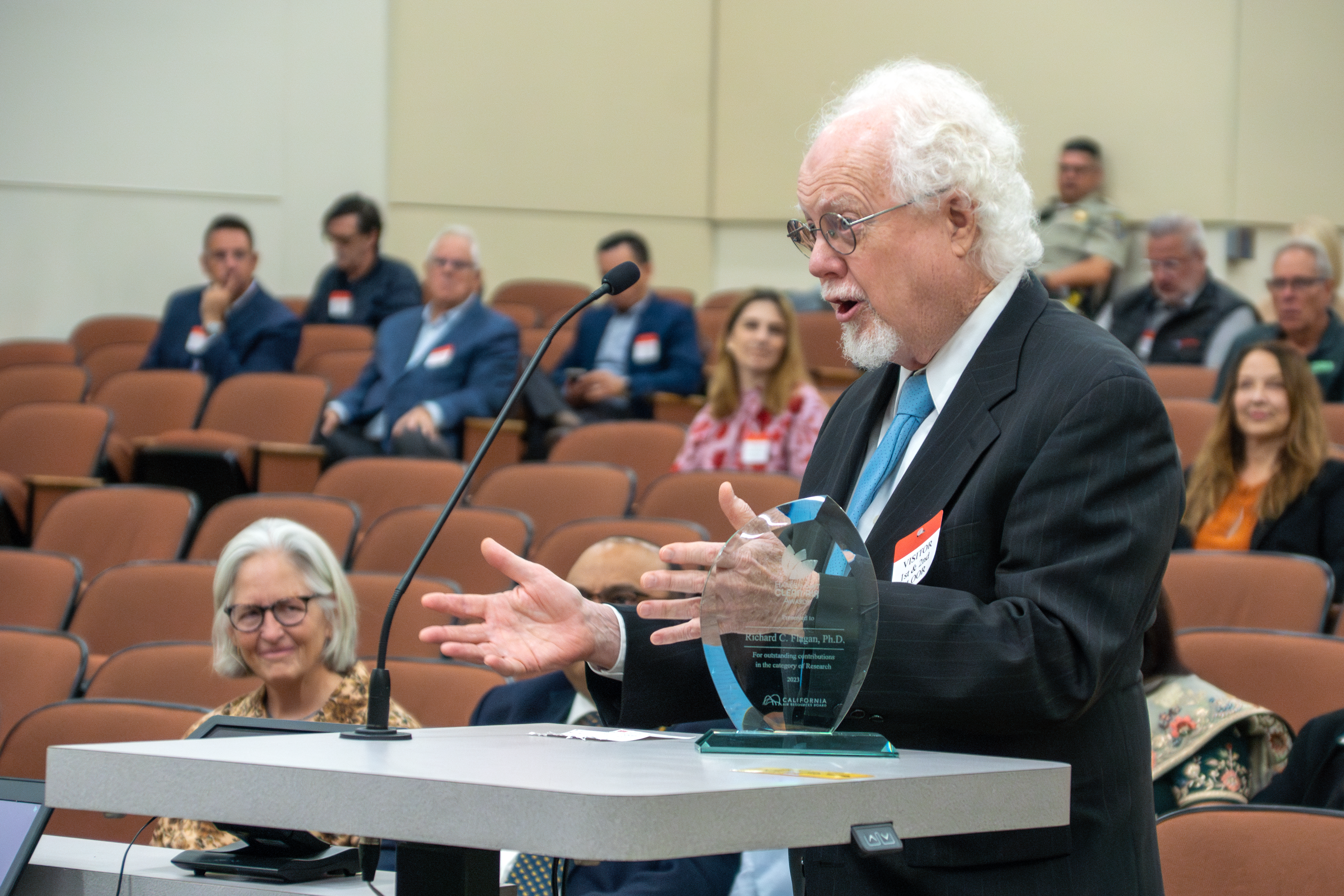 Richard Flagan makes remarks after receiving an award during the Haagen-Smit Clean Air Awards.