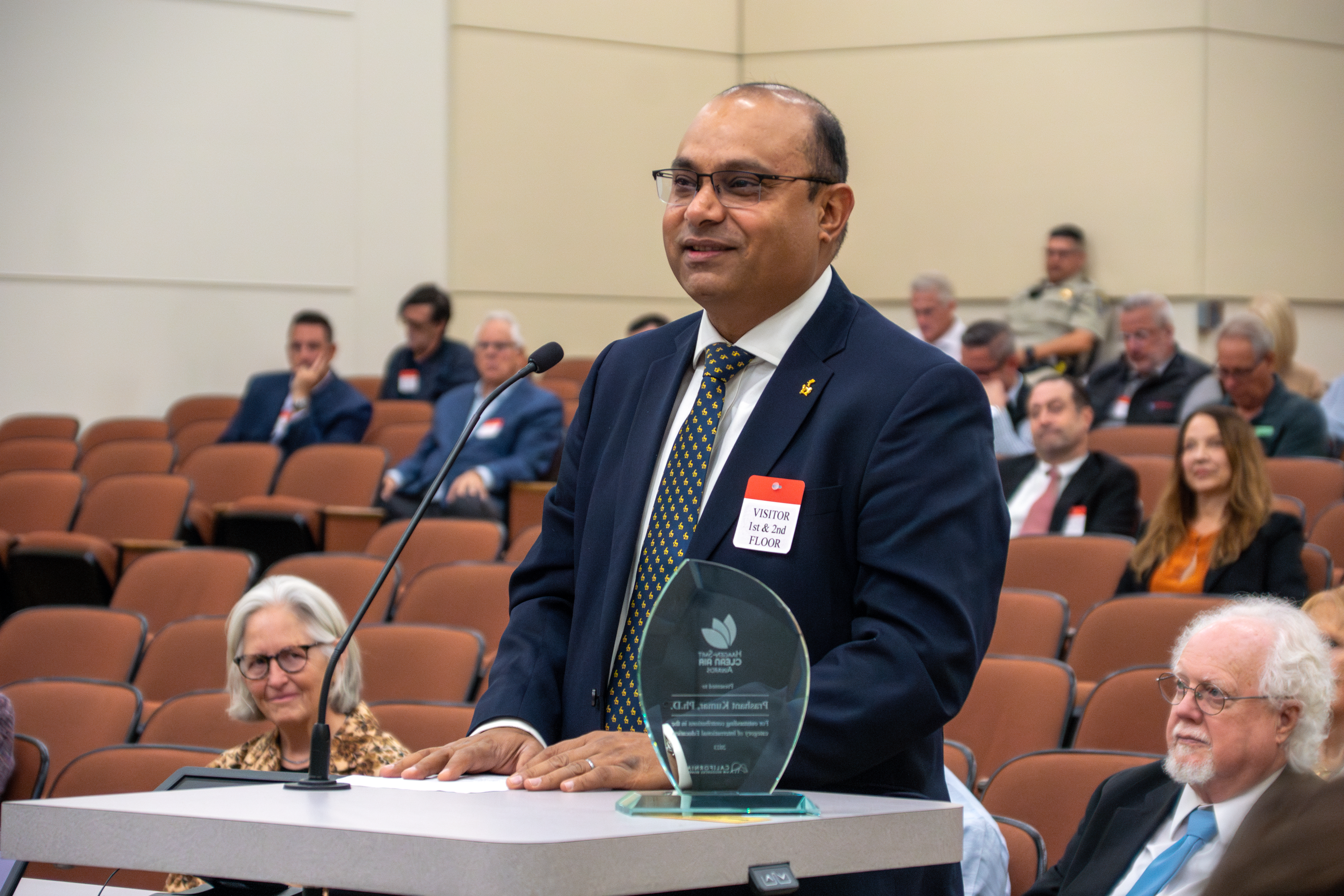 Prashant Kumar makes remarks after receiving an award during the Haagen-Smit Clean Air Awards.