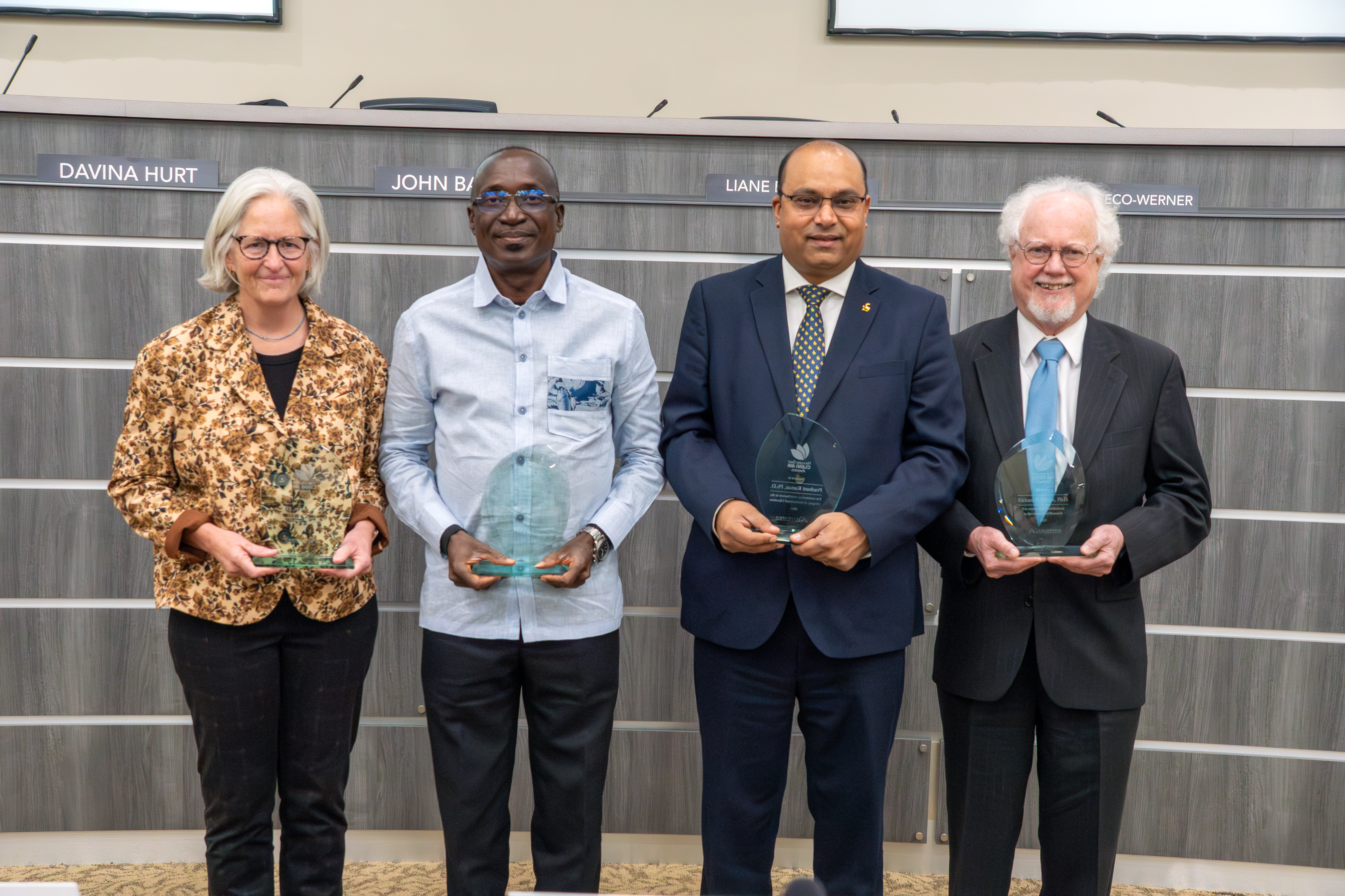 Award winners, from left: Vickie Patton, Kofi Agyarko, Prashant Kumar, and Richard Flagan during the Haagen-Smit Clean Air Awards.
