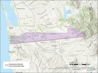 A light purple shape is drawn over a map to show the boundaries of the International Border Communities.