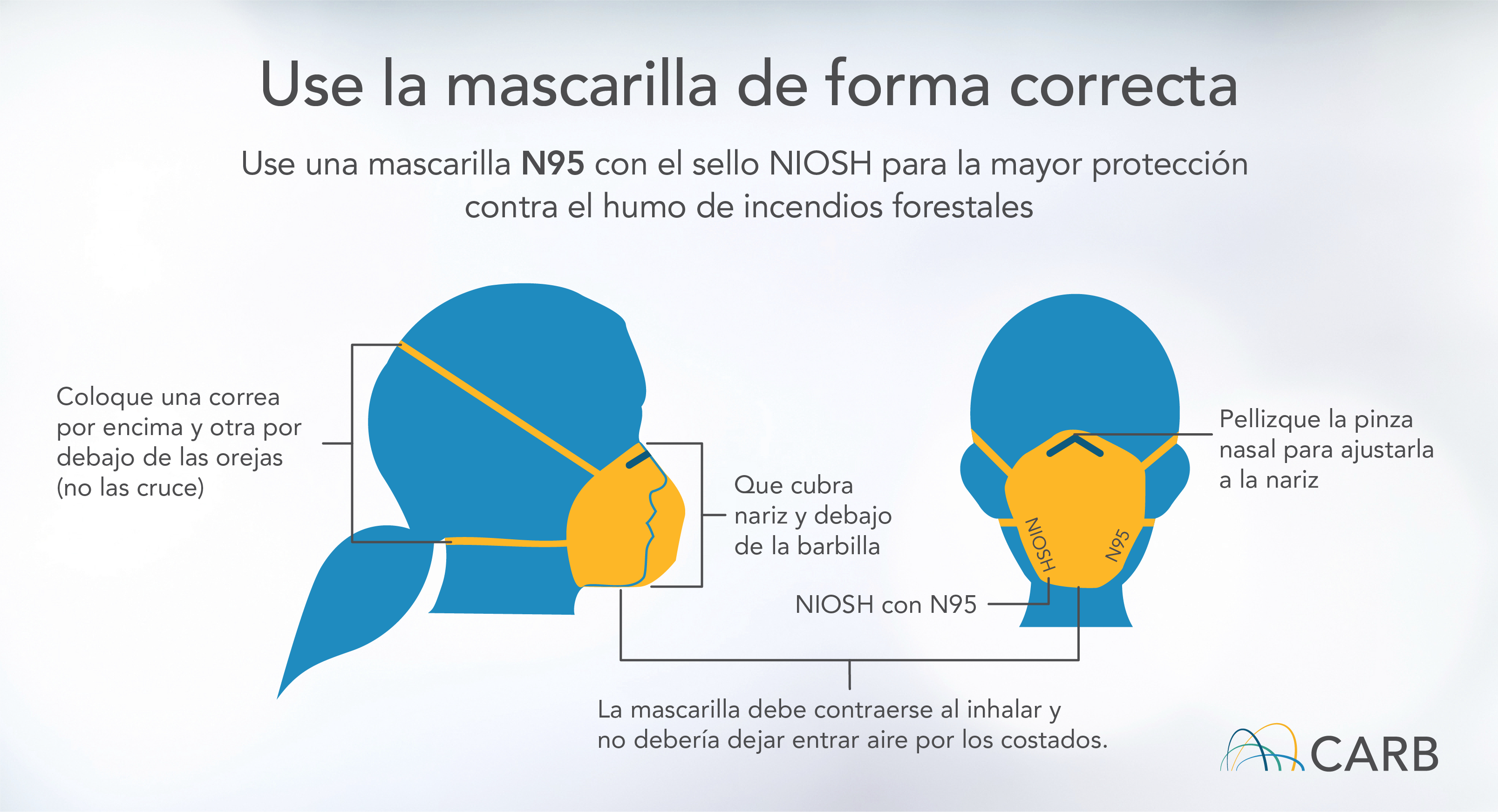 Use la mascarilla de forma correcta - Use una mascarilla N95 con el sello NIOSH para la mayor protección contra el humo. Coloque una correa por encima y otra por debajo de las orejas (no las cruce). Pellizque la pinza nasal para ajustarla a la nariz. Que cubra nariz y debajo de la barbilla. NIOSH con N95. La mascarilla debe contraerse al inhalar y no debería dejar entrar aire por los costados.