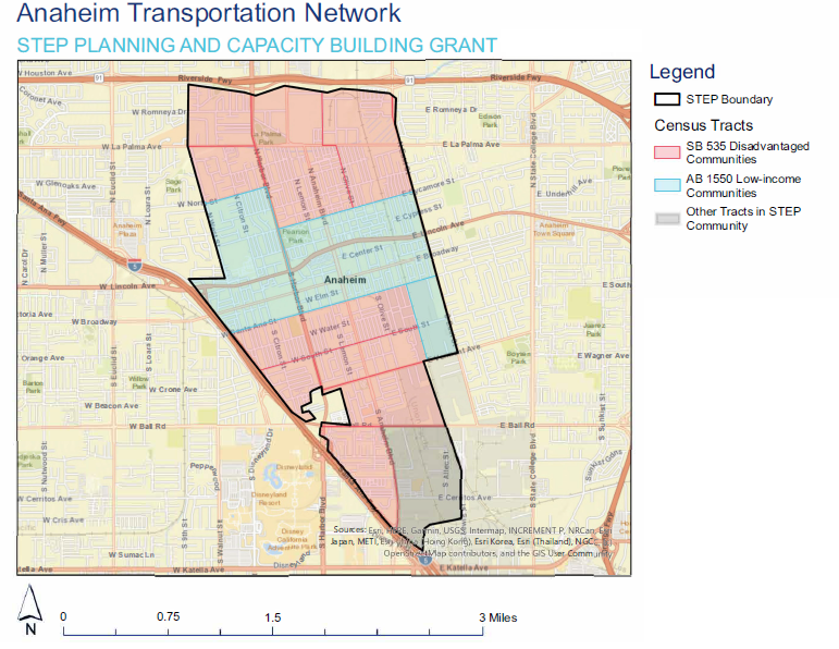 The Road, Street and Highway Map displays the STEP project area in the City of Anaheim, an urban area within Orange County. The purpose of the map is to show the project area which is centrally located within the City of Anaheim and marked by a thick, closed line. The project boundary is SR-91 Freeway to the north, Interstate 5 and Platinum Triangle to the south, East Street and the Metrolink Railroad to the east, and Interstate 5 and West Street to the west. For more map details, please contact movingca@arb.ca.gov.