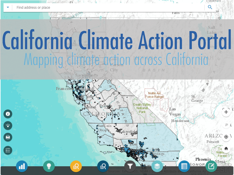 A screenshot of the Climate Action Portal Map interactive GIS map with the label "Climate Action Portal; Mapping climate action across California." 