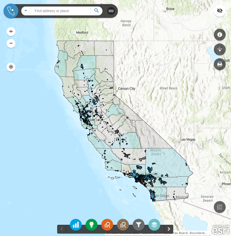 A map of all jurisdictions with an adopted Climate Action Plan. Nearly 73% of California’s population lives in a jurisdiction covered by a CAP.