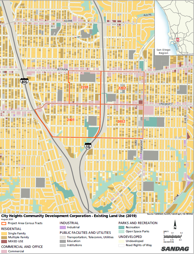 The Road, Street and Highway map depicts the STEP project area which covers the urban community of City Heights in central San Diego. The project area boundary consists of 4 adjacent census tracts (2401, 2402, 2201, and 2202), each designated by solid, closed lines in rectangular shapes. University borders the south of Census Tracts 2201 and 2202 and the north for 2401 and 2402. El Cajon borders 2201 and 2202 to the north. Fairmount represents the eastern border of the eastern most census tracts 2202 and 2402. State Route 15 intersects the border of all 4 census tracts. For more map details, contact movingca@arb.ca.gov.