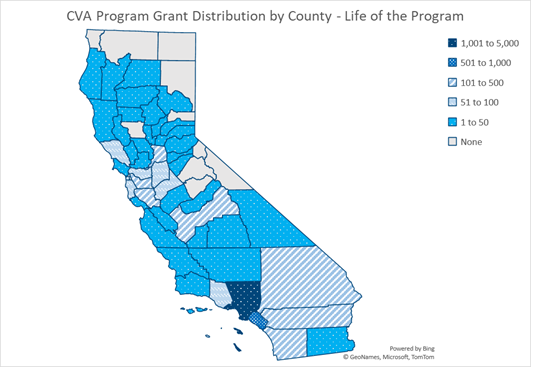 ​​This is a map of California that shows the distribution of issued Clean Vehicle Assistance Program grants by counties with different patterns representing different levels of CVAP grant concentrations.