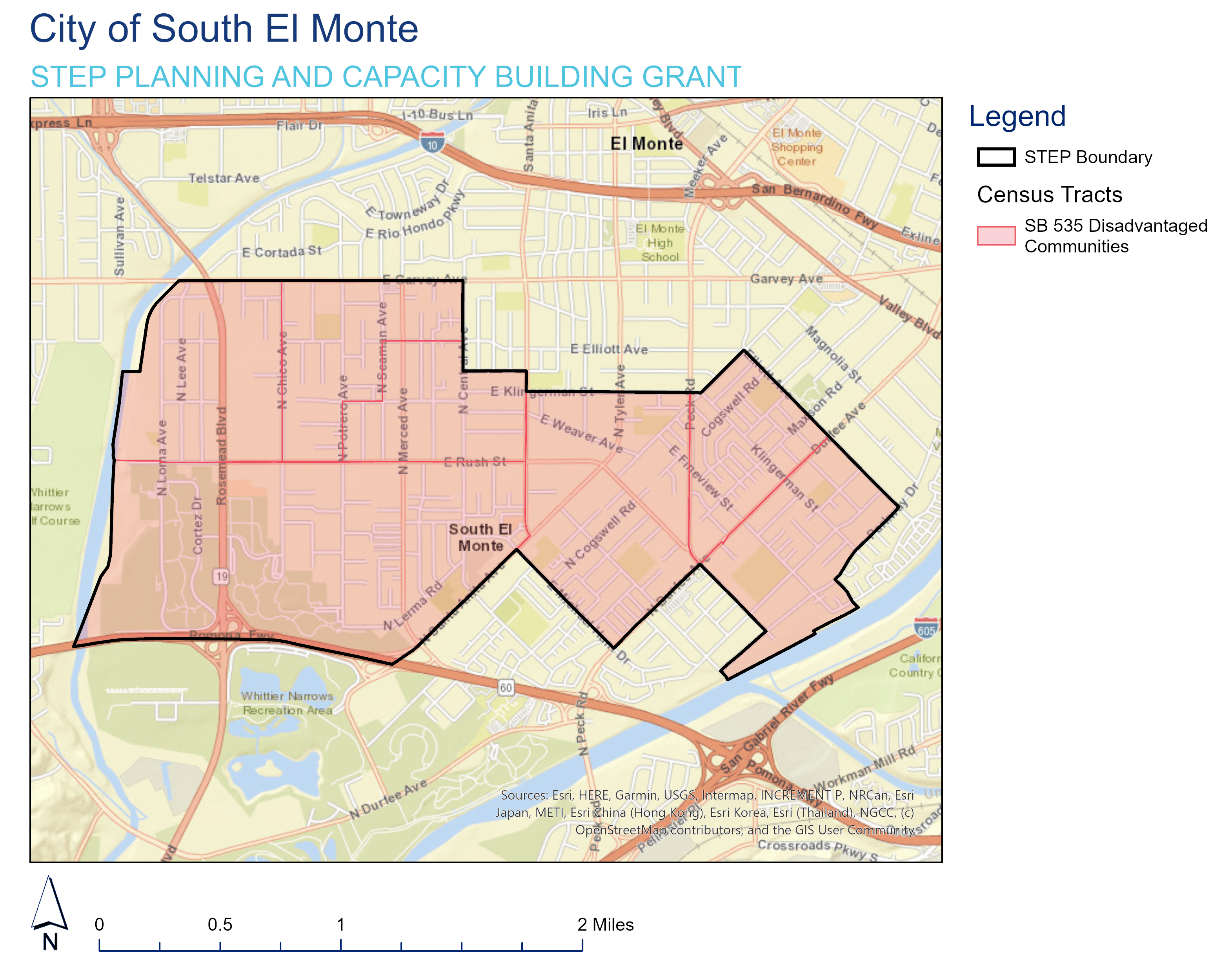 The Road, Street and Highway Map displays the City of South El Monte, a 2.8 square mile urban area within the San Gabriel Valley in Los Angeles County. The project area boundary is marked by a thick, solid and closed line. To the north of the project area is Interstate 10 and to the south is State Route 60. The project area is also bordered by the Rio Hondo to the west and the San Gabriel River to the east. The project focuses on Rush Street which mostly runs west to east and intersects the project area. For more map details, contact movingca@arb.ca.gov.