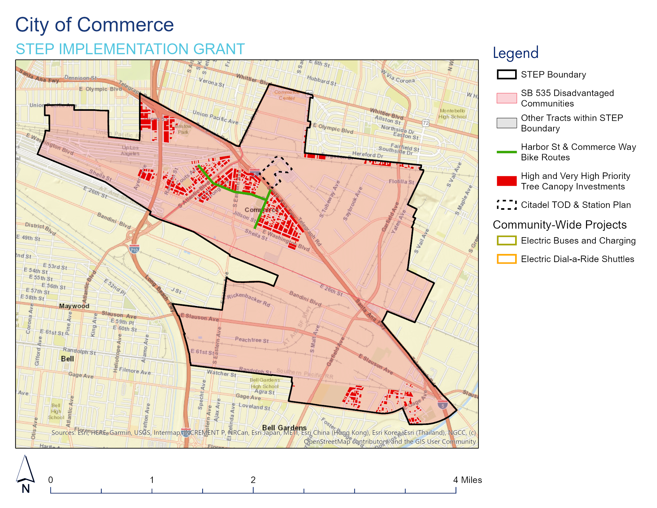 A map of the City of Commerce and a solid line represents the project area.