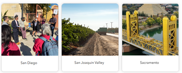 Shows photos of locations the user can click to view the StoryMap.