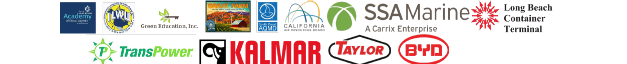 Logo of Partners: Academy of Global Logistics, BYD, CARB, Grant Farm, Green Education, Inc., ILWU, Long Beach Container Terminal, Kalmar, South Coast AQMD, SSA Marine, Taylor Machine Works and Tetra Tech, TransPower