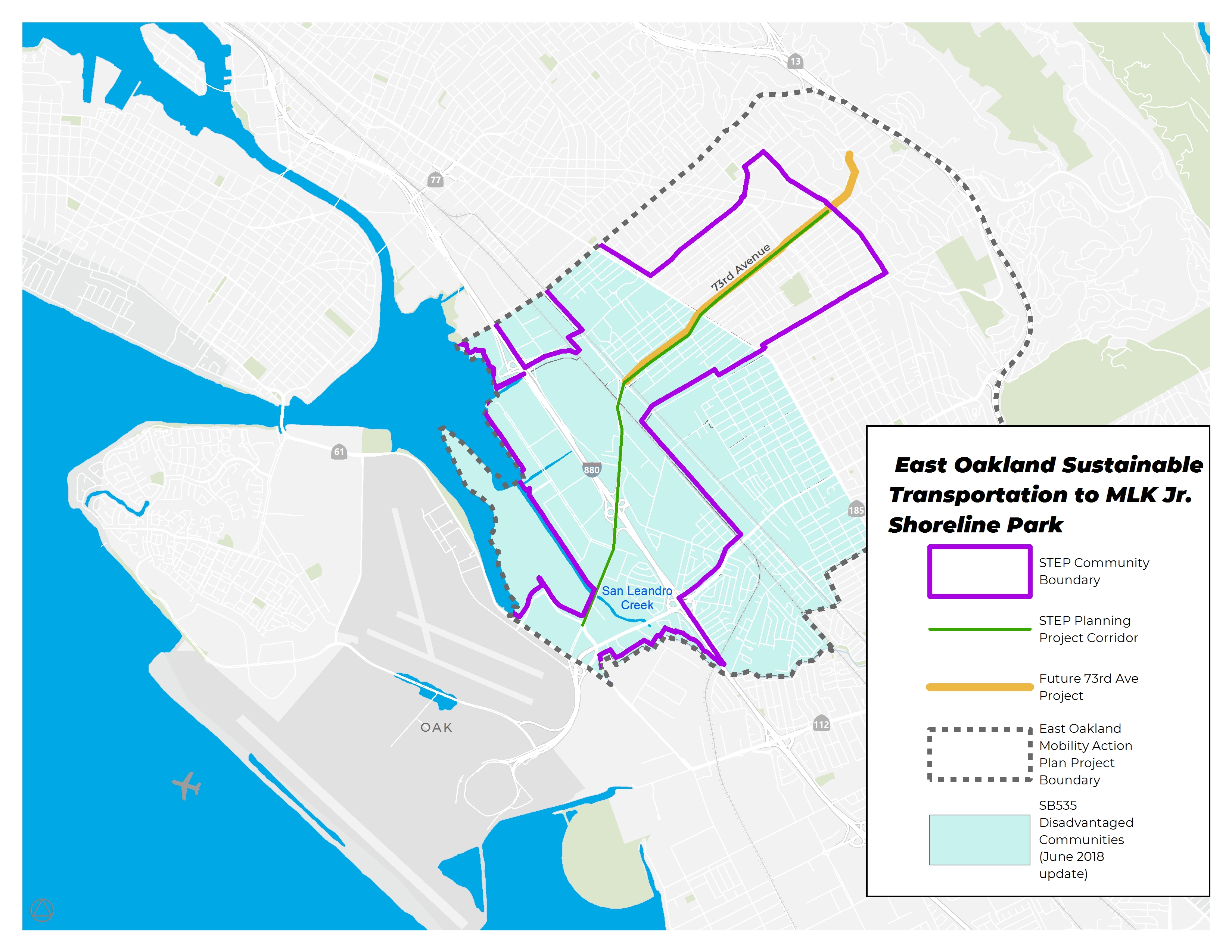  The Road, Street and Highway Map covers several neighborhoods in East Oakland, California of Alameda County. The project area boundary is marked by a thick, solid line that extends through East Oakland neighborhoods along 73rd Avenue and Hegenberger Road to the Martin Luther King Jr. Shoreline Park. For more map details, contact movingca@arb.ca.gov.