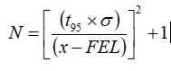 N = 1 + the square of the quotient of T sub 95 times sigma and x - FEL