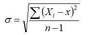 sigma equals the square root of the quotient of the sum of x sub i minus x, squared, and n -1 