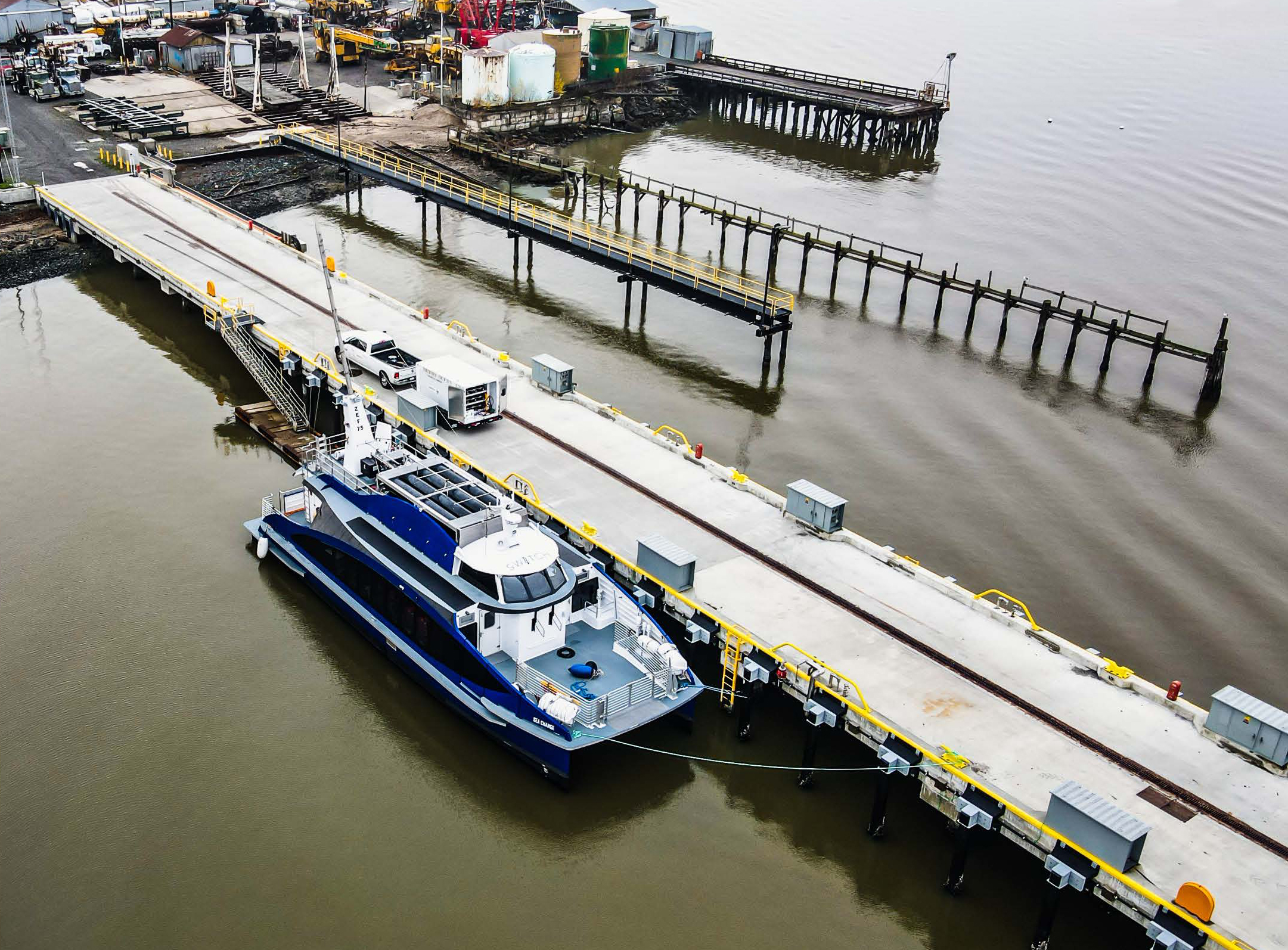 Hydrogen ferry at dock.