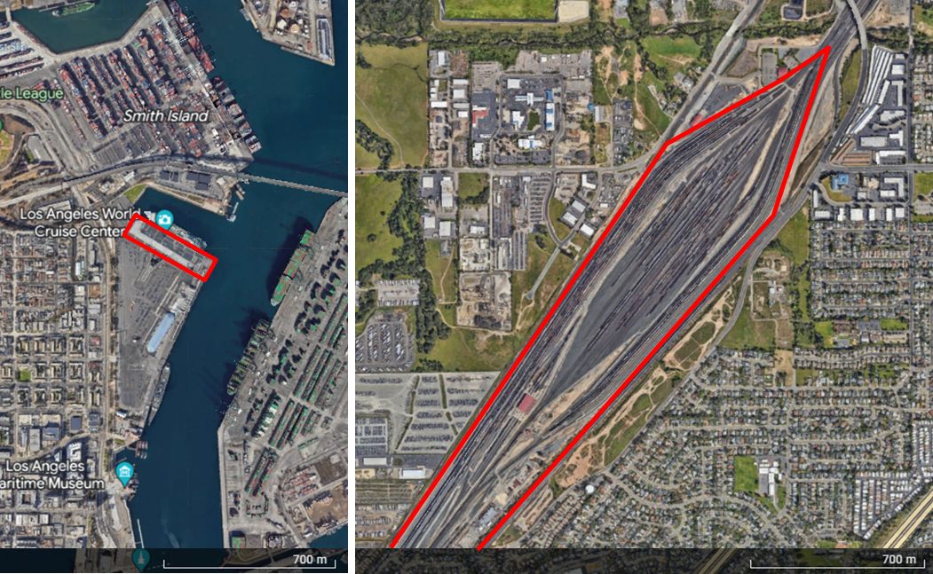 Figure 2. Satellite photo comparison of the Port of Los Angeles World Cruise Center Passenger Terminal (left) and Union Pacific Roseville Railyard (right) drawn to the same scale.