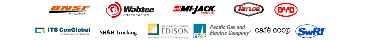 Logo of partners: BNSF Railway, GE Transportation, BYD, MiJack, Southern California Edison, Pacific Gas & Electric, SH&H Inc., ITS ConGlobal, Southwest Research Institute, Café Coop