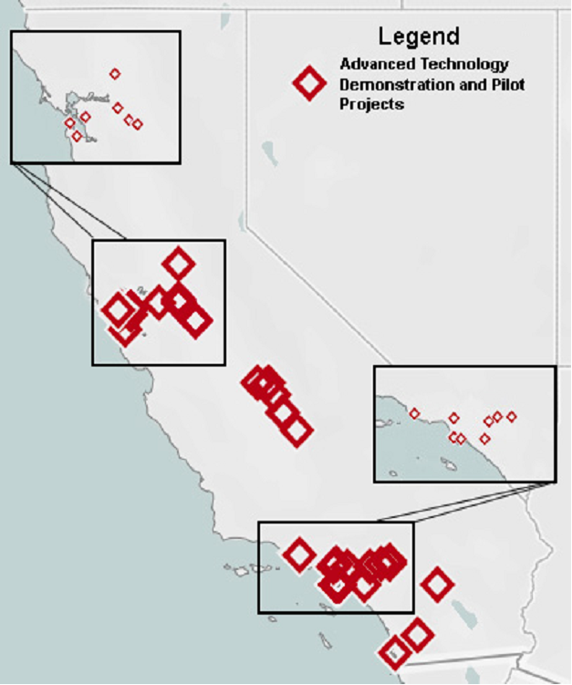 This map displays all the Advanced Technology Demonstration and Pilot Projects at various locations statewide. Three areas (Bay Area, Central Valley and Southern California) are zoomed for a more detailed location of the projects.  The legend displays a red diamond for Advanced Technology Demonstration and Pilot Projects.