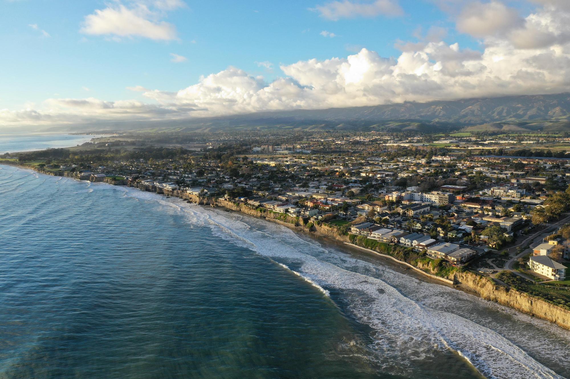 Aerial Photo of Isla Vista which is bordered by the Pacific Ocean and UC Santa Barbara