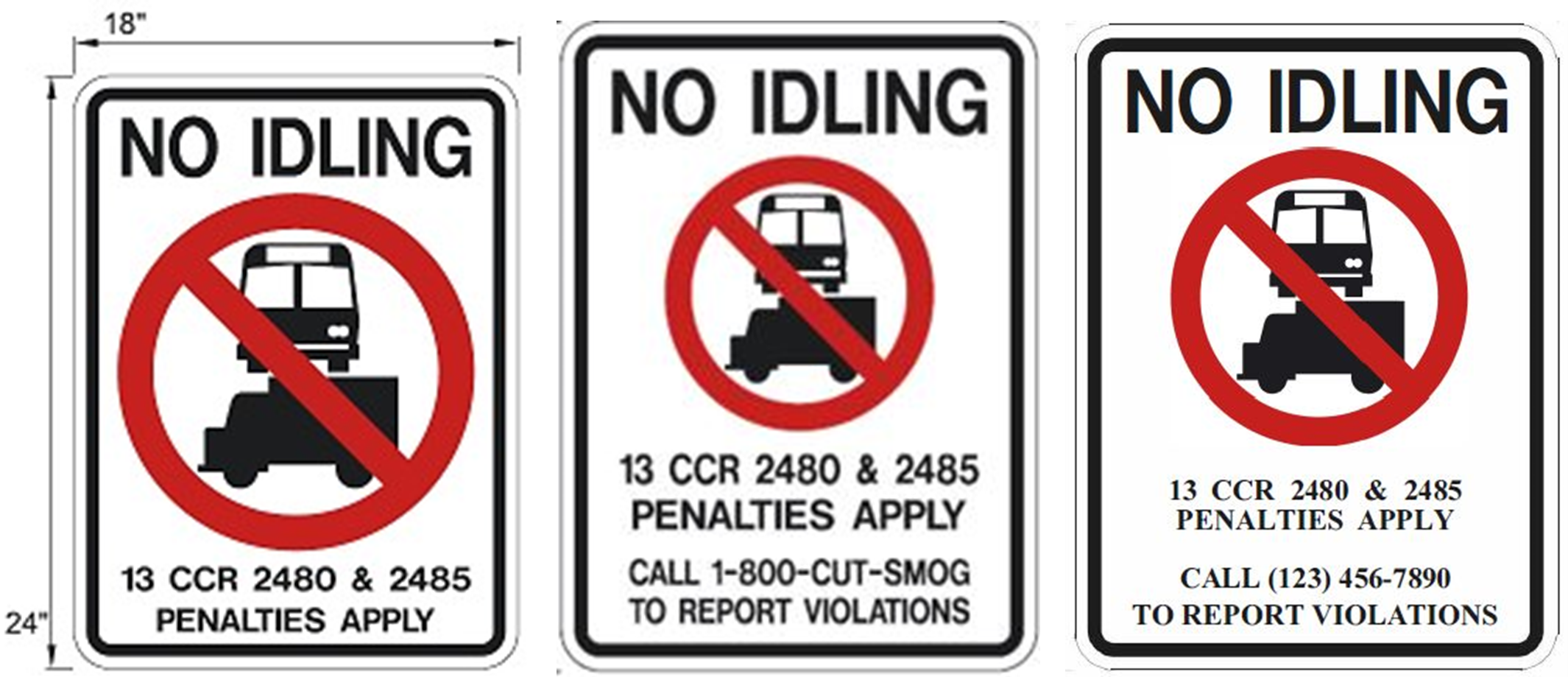 Three different types of no idling signs