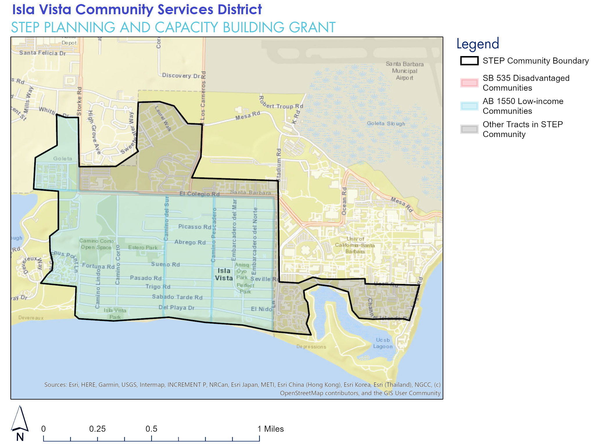 The Road, Street and Highway Map covers Isla Vista, a small, unincorporated community located on a south-facing portion of the in Santa Barbara County coast. The Isla Vista STEP Project area boundary is marked by a thick, solid, and closed line that extends along the Pacific Ocean on the south, the University of California, Santa Barbara campus on the east, the community of Goleta to the north and the Coal Oil Point on the west. For more map details, contact movingca@arb.ca.gov.