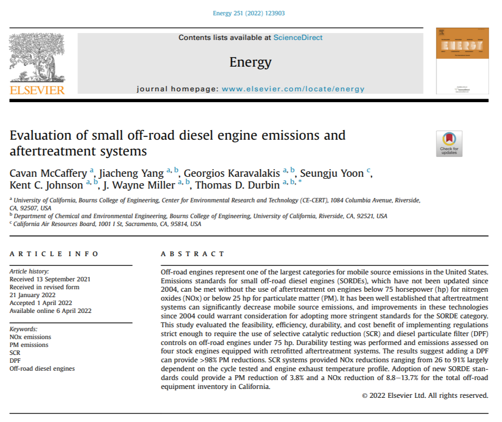 First page of "Evaluation of small off-road diesel engine emissions and aftertreatment systems" by McCafferty et al.