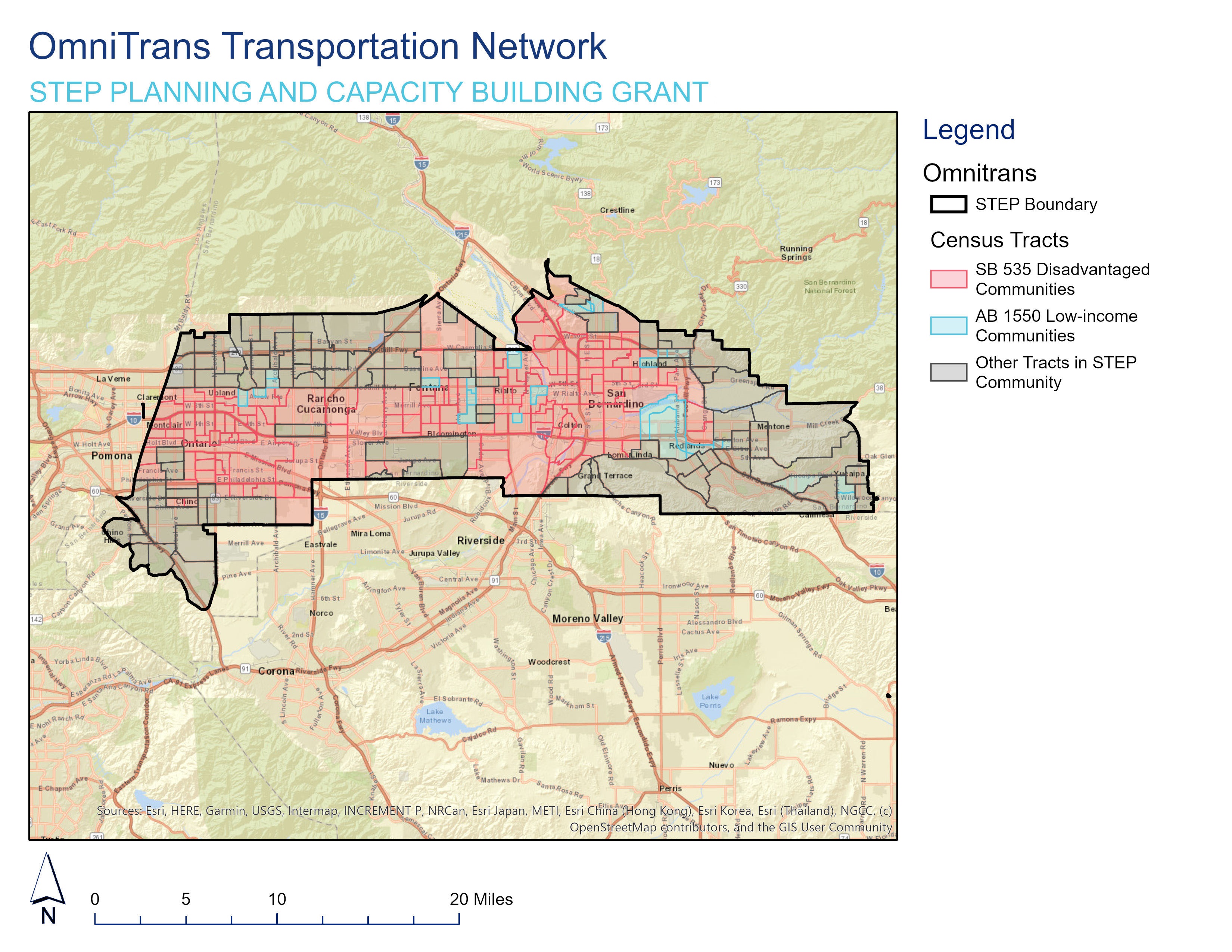 The Road, Street and Highway Map covers the Omnitrans STEP Project Area Map which is an urban area in the southwest corner of San Bernardino County. The boundary of the project area is marked by a thick, closed line and covers 15 cities and portions of unincorporated areas of San Bernardino County. For more map details, contact movingca@arb.ca.gov.