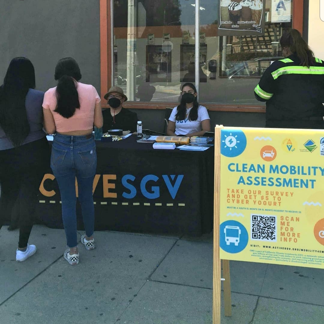 ActiveSGV hosted a pop-up in front of Cyber Yogurt, a bicycle friendly business located in El Monte, to collect survey responses from folks as they waited in line for yogurt.