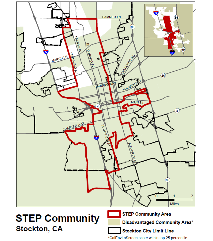The Road, Street and Highway Map covers several neighborhoods in Stockton, California of San Joaquin County. The project area boundary is marked by a thick, solid, and closed line that is predominantly between Interstate 5 to the west and State Route 99 to the east, and intersected by State Route 4. For more map details, contact movingca@arb.ca.gov.