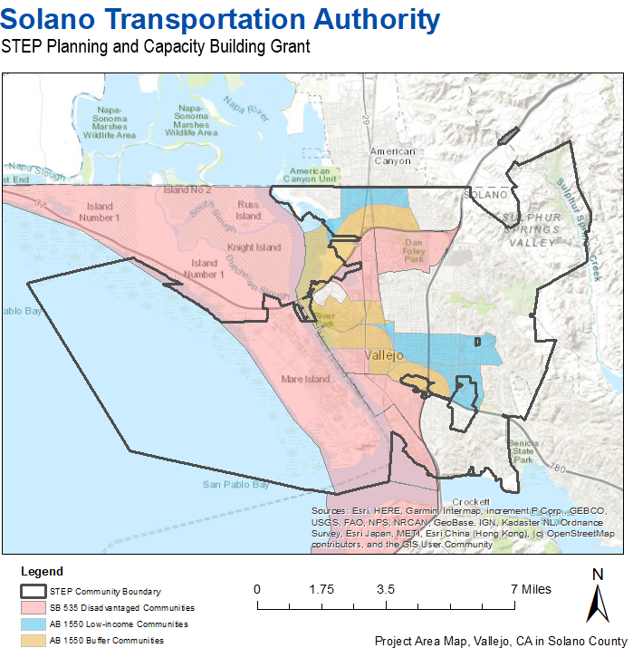 The Road, Street and Highway Map displays the City of Vallejo, a waterfront urban city in Solano County, California, located in the North Bay subregion of the San Francisco Bay Area. The project area boundary is marked by a thick, solid, and closed line. Within the project area is San Pablo Bay, including portions of Mare Island on the west, and a portion of Sulphur Springs Valley to the east. South of the project area is Crockett and American Canyon is to the north. Interstate 80 runs north and south through Vallejo, and Interstate 780 east and west. For more map details, contact movingca@arb.ca.gov.