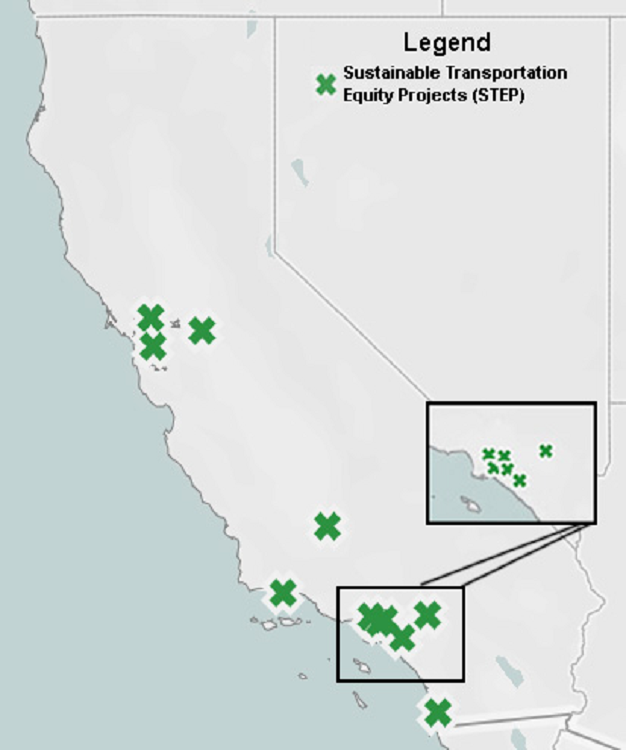 This map displays all the Sustainable Transportation Equity projects at various locations statewide. The Southern California region is zoomed in to see the locations in more detail.  The legend displays a green plus for the Sustainable Transportation Equity projects.