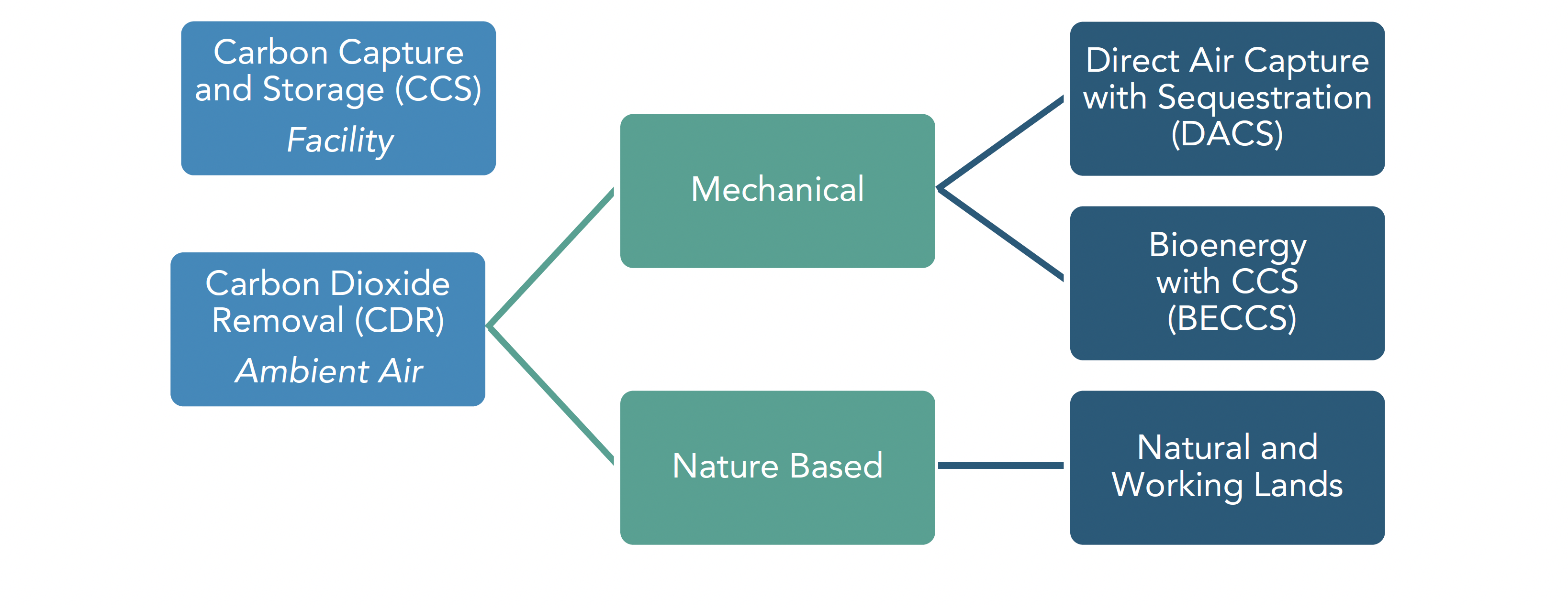 Diagram of types of carbon dioxide removal:  - Carbon Capture and Storage (CCS) - Facility - Carbon Dioxide Removal (CDR) - Ambient Air - CDR types: Mechanical and Nature Based - Mechanical types: Direct Air Capture with Sequestration (DACS) and Bioenergy with CCS (BECCS) Nature Based types: Natural and Working Lands