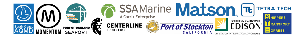 Logo of Partners: SSA Terminals, Shippers Transport Express, Matson Navigation Lines, Centerline Logistics, Port of Oakland, Port of Stockton, South Coast AQMD, Southern California Edison, Tetra Tech, and Momentum.