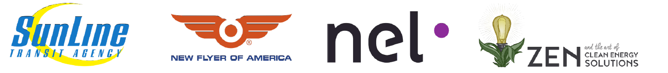 Logos of partners - Sunline Transit Agency, New Flyer Industries  Nel Hydrogen Inc. Zen Clean Energy Solutions 
