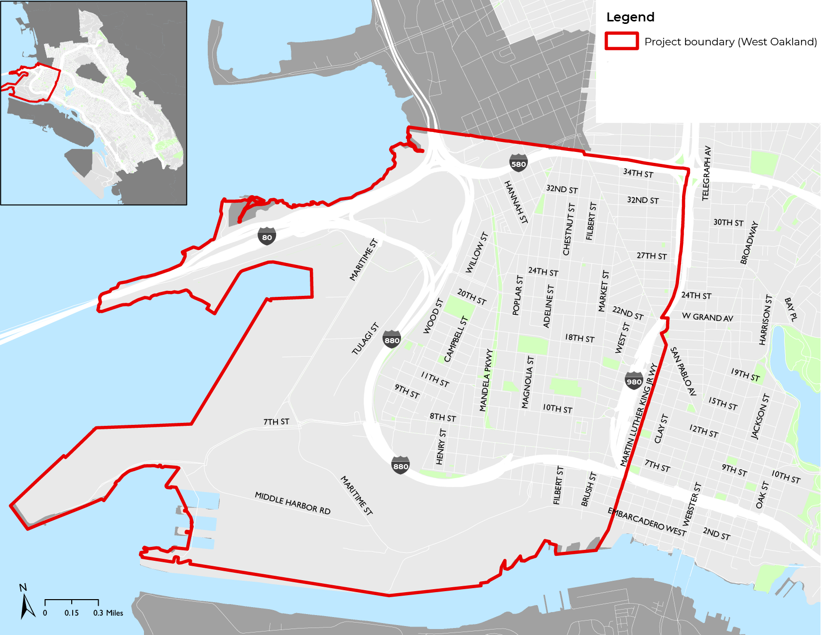 A map of West Oakland and a solid line represents the project area. 