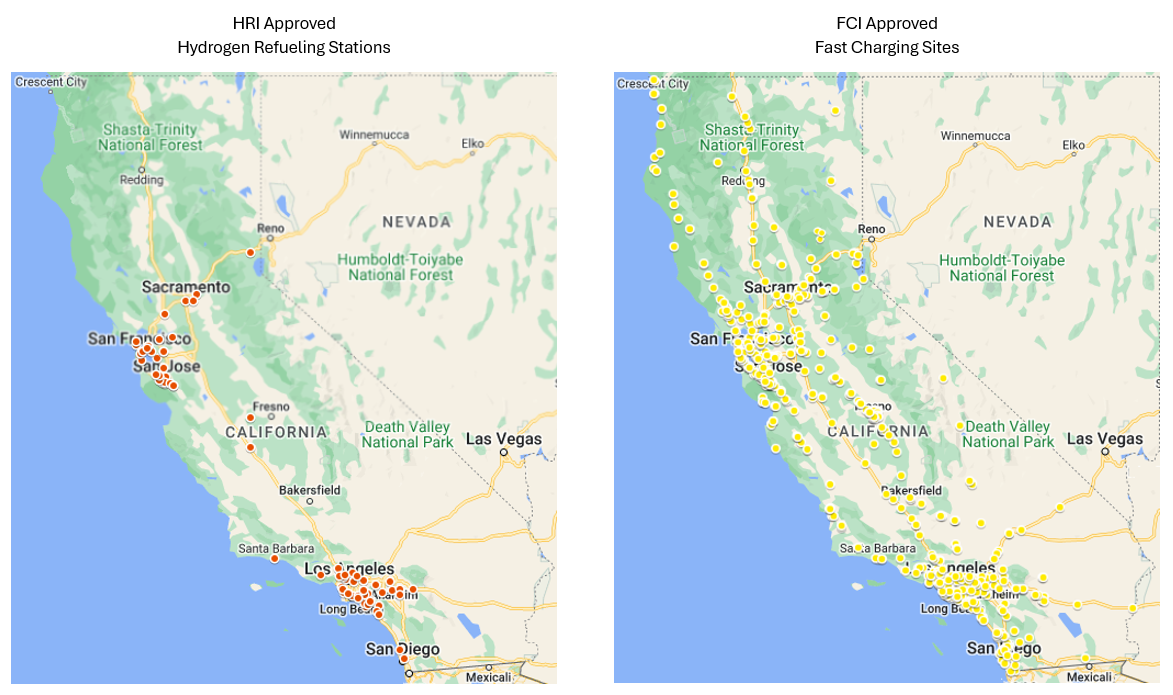 Maps of Approved HRI Refueling stations (left, red) and FCI Fast Charging Sites (right, yellow)
