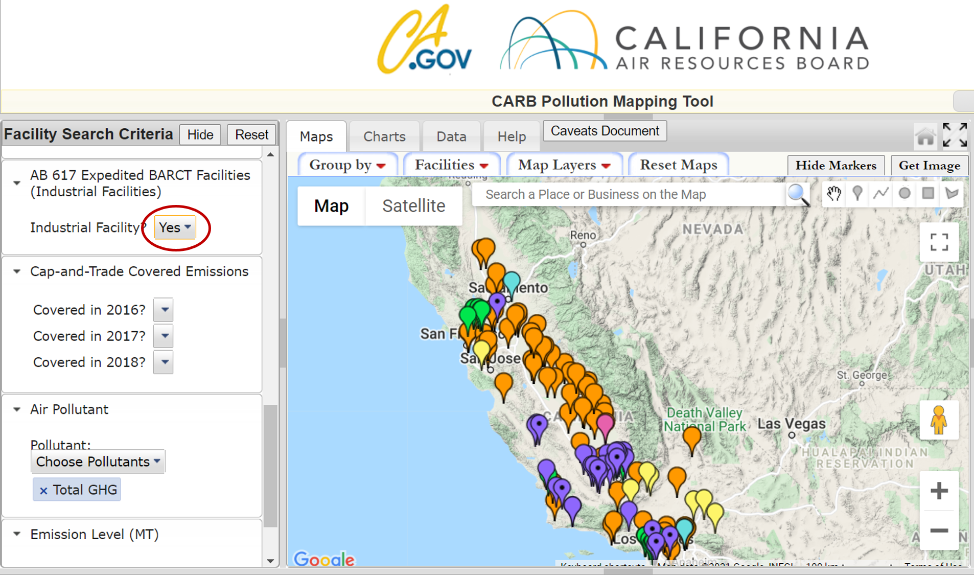 The air pollution mapping tool contains a filter to identify facilities subject to Expedited BARCT requirements