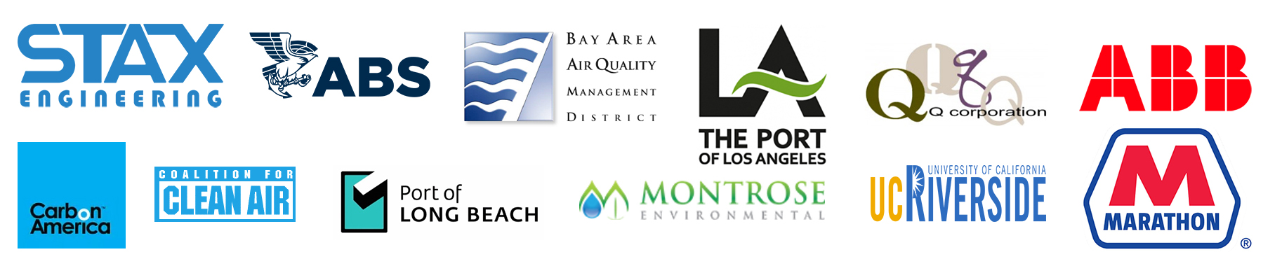 Partner logos: STAX Engineering, Port of Los Angeles, Port of Long Beach, Bay Area AQMD, Center for Environmental Research and Technology (UC Riverside), Marathon., Coalition for Clean Air, Montrose Environmental, Q Corporation, Carbon America, American Bureau of Shipping (ABS) and ABB Inc.