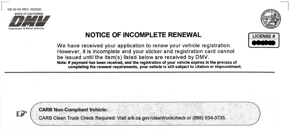 Clean Truck Check DMV Notice of Incomplete Renewal Example Image
